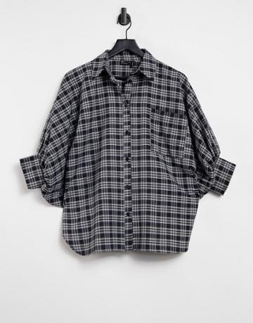 Asos Design Oversized Shirt With 3/4 Volume Sleeves In Mono Check-multi