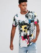 Asos Longline T-shirt With All Over Abstract Palm Print - White