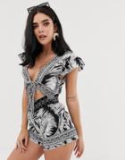 River Island Beach Romper With Knot Front In Scarf Print-black