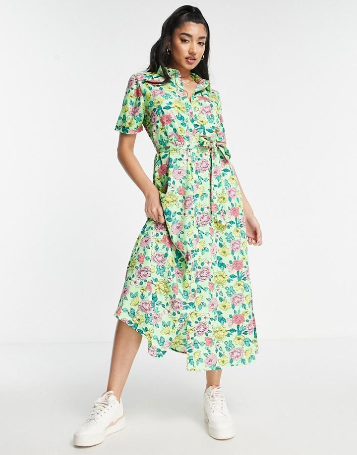 Jdy Exclusive Midi Shirt Dress In Green Floral-multi