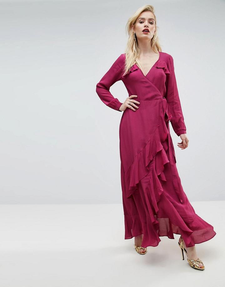 Asos Wrap Maxi Dress With Ruffle Hem - Blue