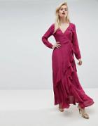 Asos Wrap Maxi Dress With Ruffle Hem - Blue