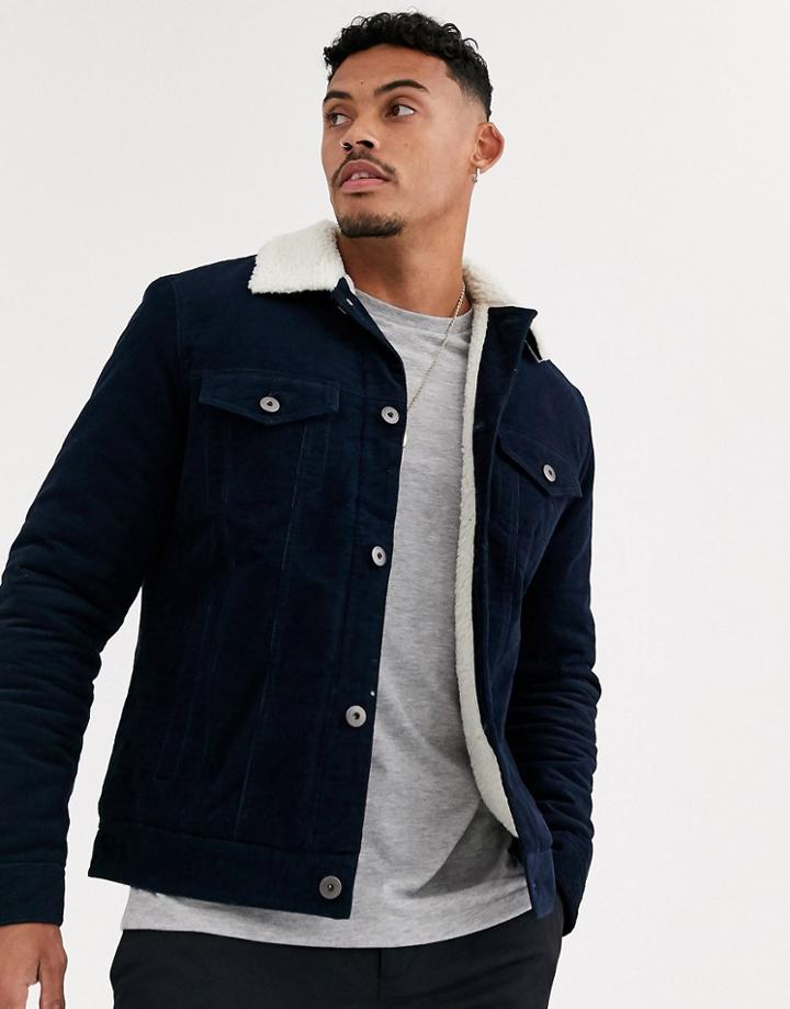 Bershka Fleece Lined Cord Trucker Jacket In Navy