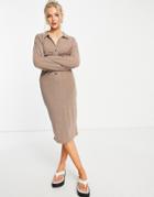 Asos Design Ribbed Midi Shirt Dress With Ruching In Taupe-brown