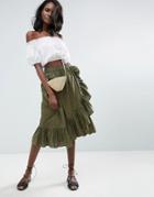 Asos Wrap Midi Skirt In Cotton With Ruffle Hem - Green