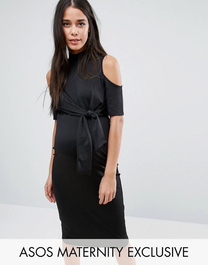 Asos Maternity Midi Dress With Cold Shoulder And Tie Side - Black