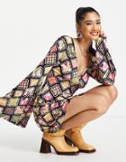 Asos Design Slinky Flare Sleeve Mini Dress In Black Retro Print-multi