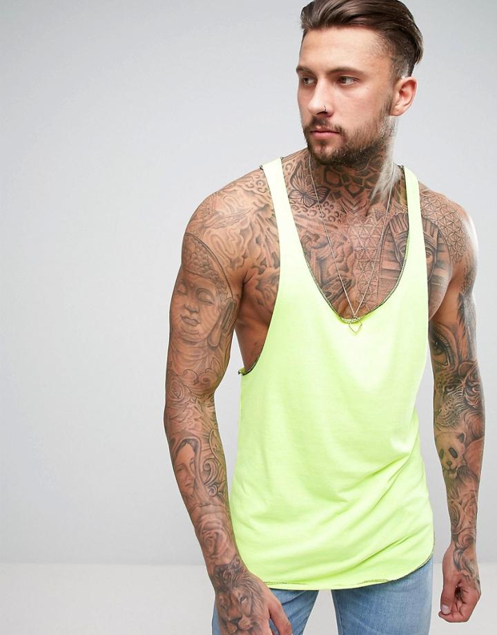 Asos Extreme Racer Back Longline Tank With Contrast Stitching In Yellow - Yellow