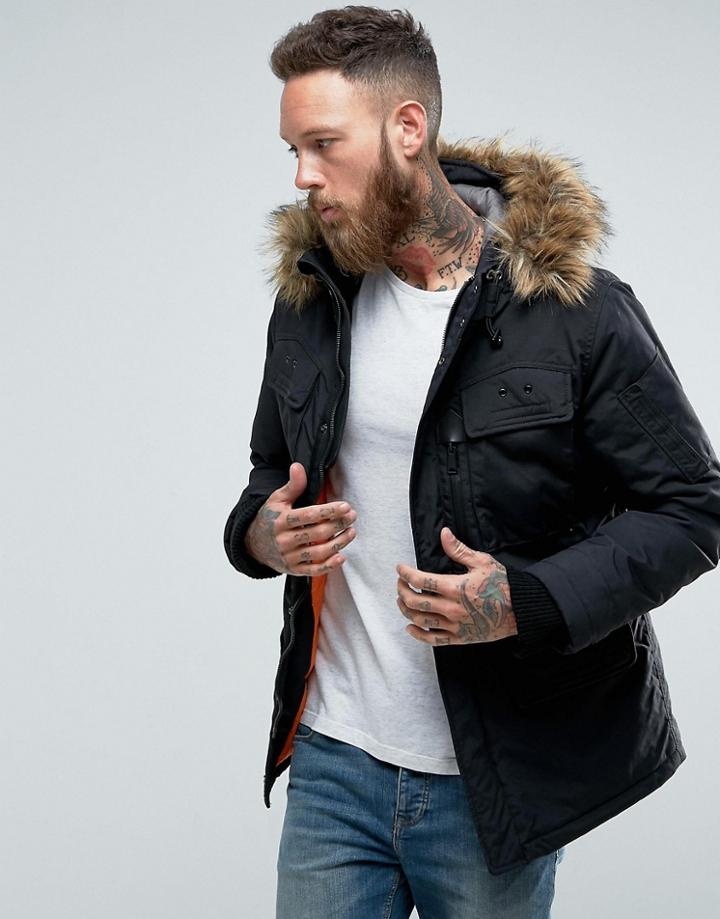 Schott Thunder Insulated Parka Hooded Detachable Faux Fur Trim In Black - Black