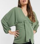 Asos Design Maternity Kimono Volume Sleeve Top With Deep V Detail In Khaki-green