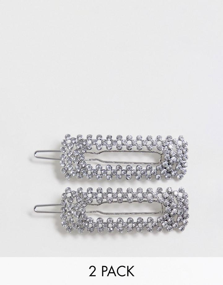 Asos Design Pack Of 2 Hair Clips In Square Shape In Crystal And Silver Pearl - Silver