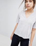 Asos Design T-shirt With V-neck In Linen Mix - Gray