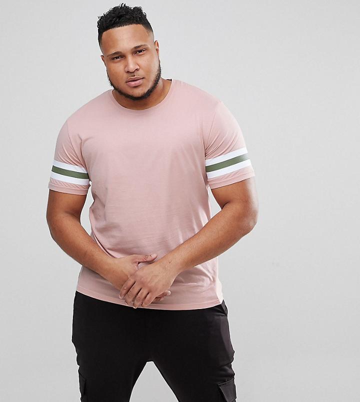 Only & Sons Plus Longline T-shirt With Stripe Sleeve Detail - Pink