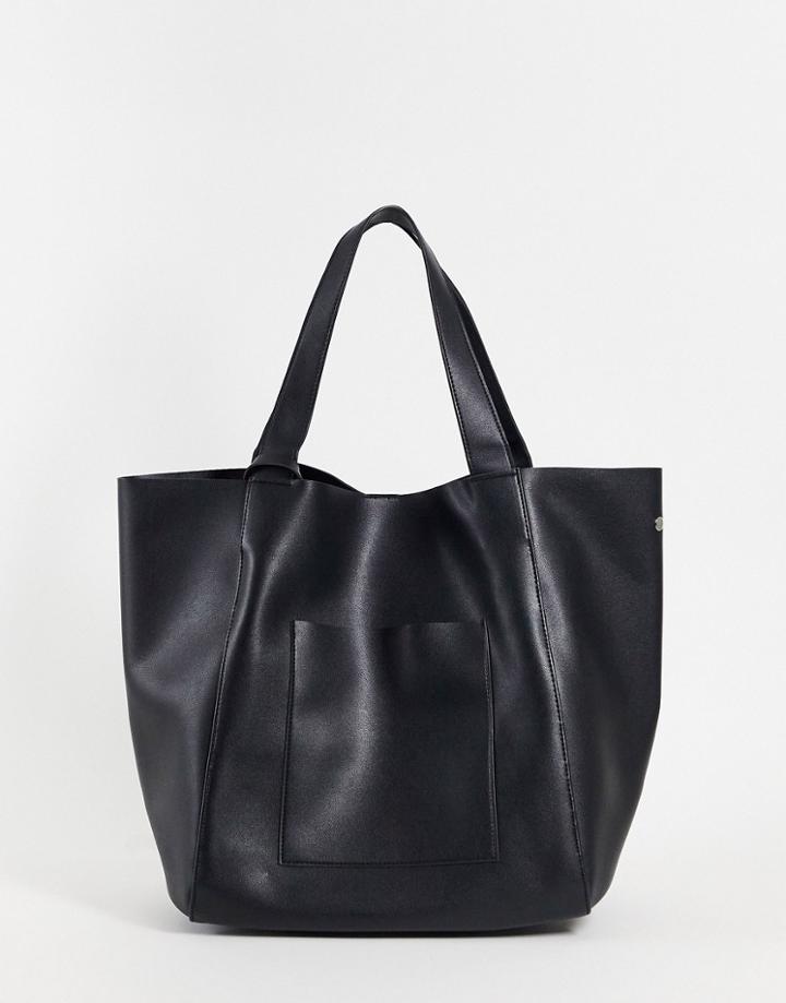 Asos Design Oversized Tote Bag In Black Faux Leather With Detachable Wallet