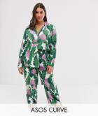 Asos Design Curve Palm & Shell Pyjama Pants Set In 100% Modal - Multi
