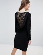 Ichi Lace Insert Back Bodycon Dress-black