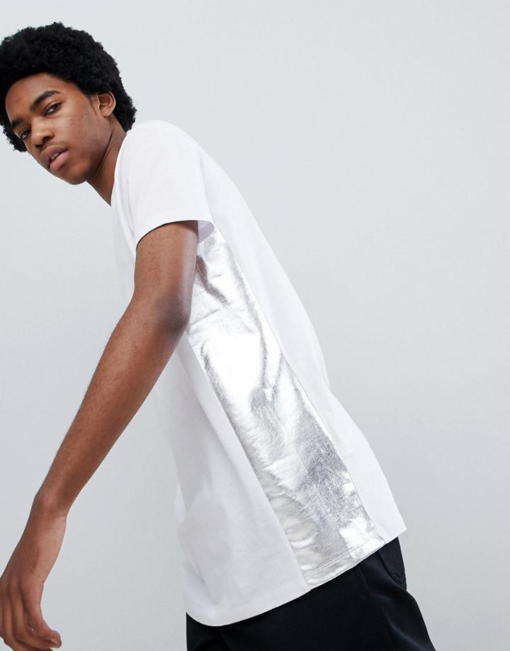 Asos Design Relaxed Longline T-shirt With Metallic Side Panels - White