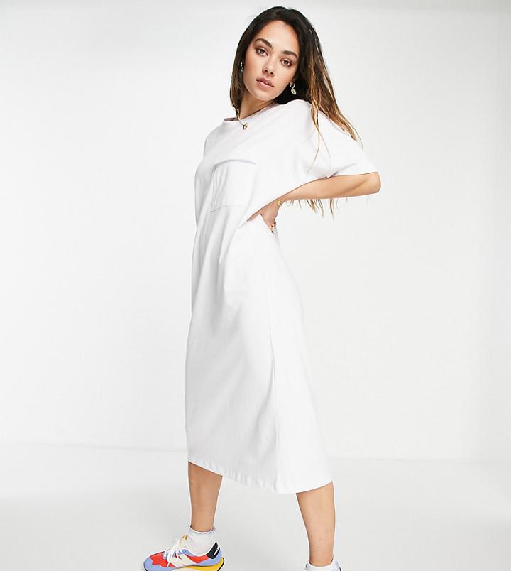 Noisy May Exclusive Organic Cotton Midi T-shirt Dress With Pocket Detail In White