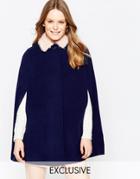 Helene Berman Faux Fur Collar Cape In Navy With Pink Faux Fur - Navy