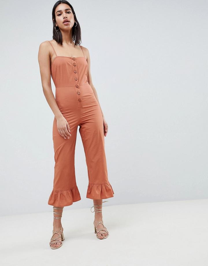 Asos Design Cotton Frill Hem Jumpsuit With Square Neck And Button Detail - Red