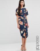 Asos Tall Wiggle Dress In Navy Large Scale Floral Print - Multi