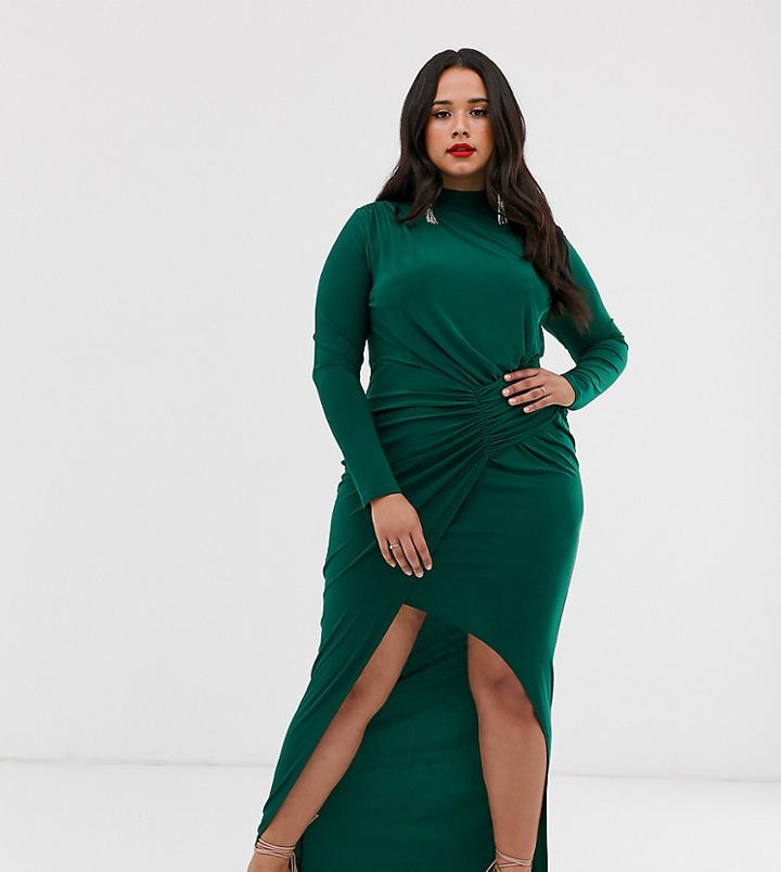 Club L London Plus High Neck Long Sleeve Split Thigh Maxi Dress-green