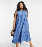 Asos Design Curve Soft Denim Tiered Midi Dress In Midwash-blues