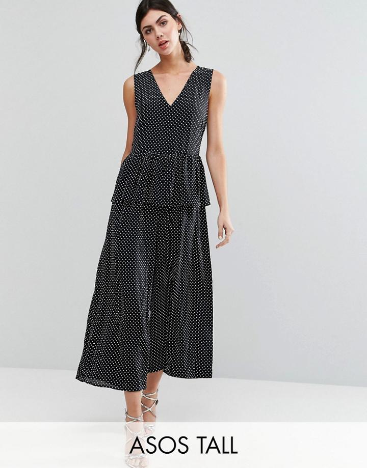 Asos Tall Jumpsuit In Spot With Peplum Ruffle Detail - Multi