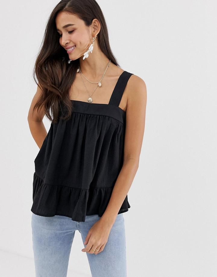 Asos Design Square Neck Cami In Seersucker Sun Top - Black