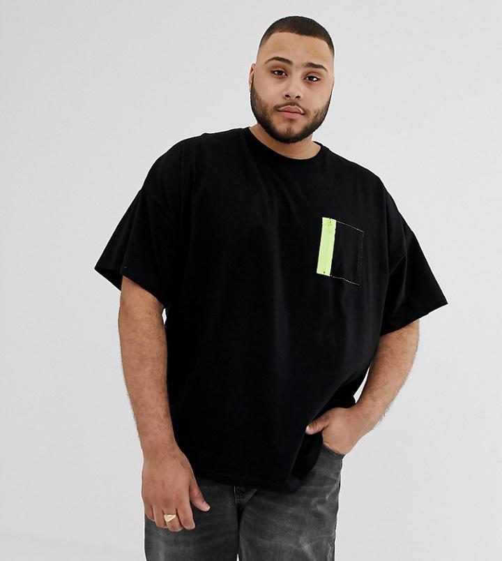 Asos Design Plus Oversized T-shirt With Half Sleeve Contrast Neon Utility Pocket In Black