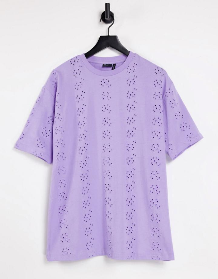 Asos Design Oversized T-shirt In Lilac All Over Eyelet-purple
