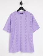 Asos Design Oversized T-shirt In Lilac All Over Eyelet-purple