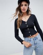 Asos Design V Neck Top In Rib With Button Front And Long Sleeve - Black