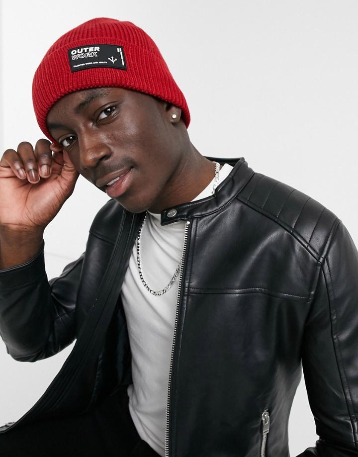 Bershka Beanie With Patch In Red