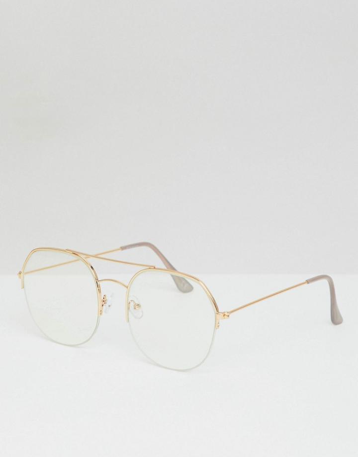 Asos Design Aviator Glasses In Gold Metal With Clear Lens - Gold