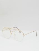 Asos Design Aviator Glasses In Gold Metal With Clear Lens - Gold