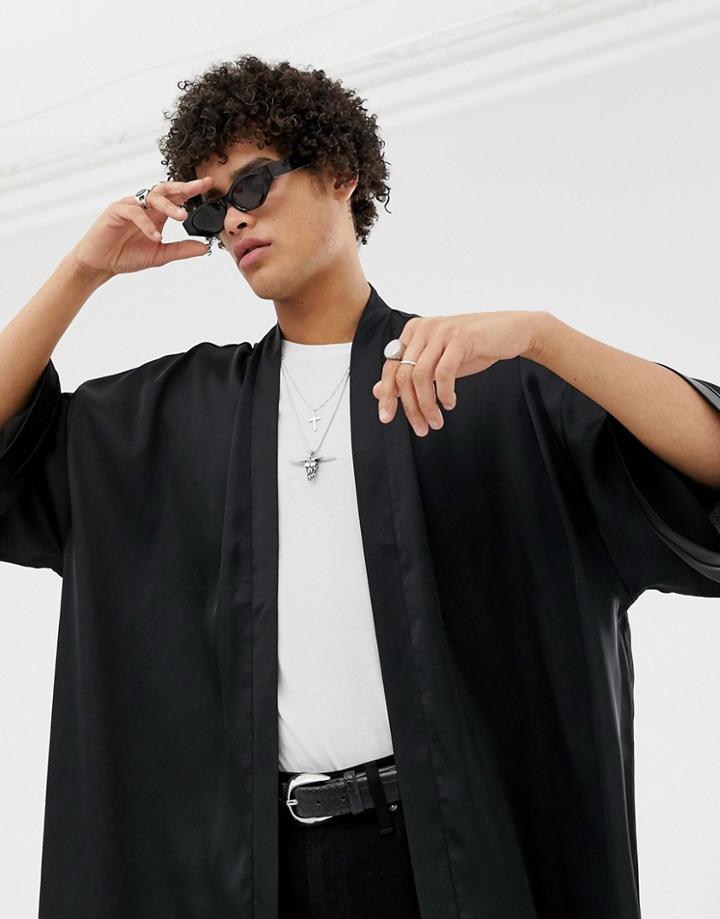 Asos Design Satin Kimono In Black - Black