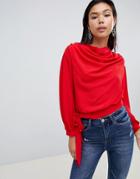 Asos Design Drape Neck Top With Button Detail - Red