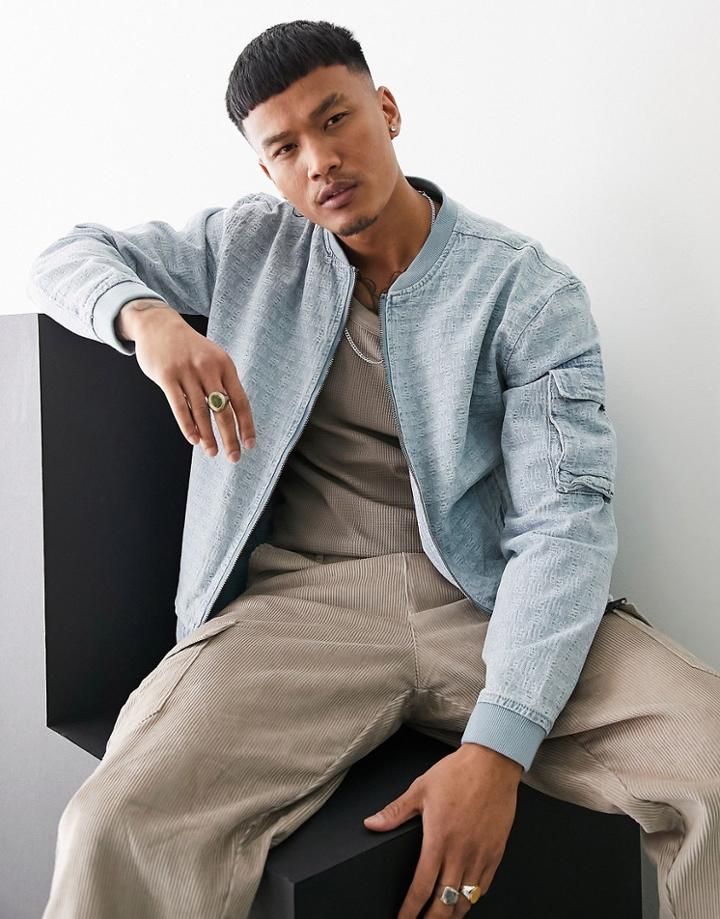 Siksilk Denim Jacquard Bomber Jacket In Lightwash Blue