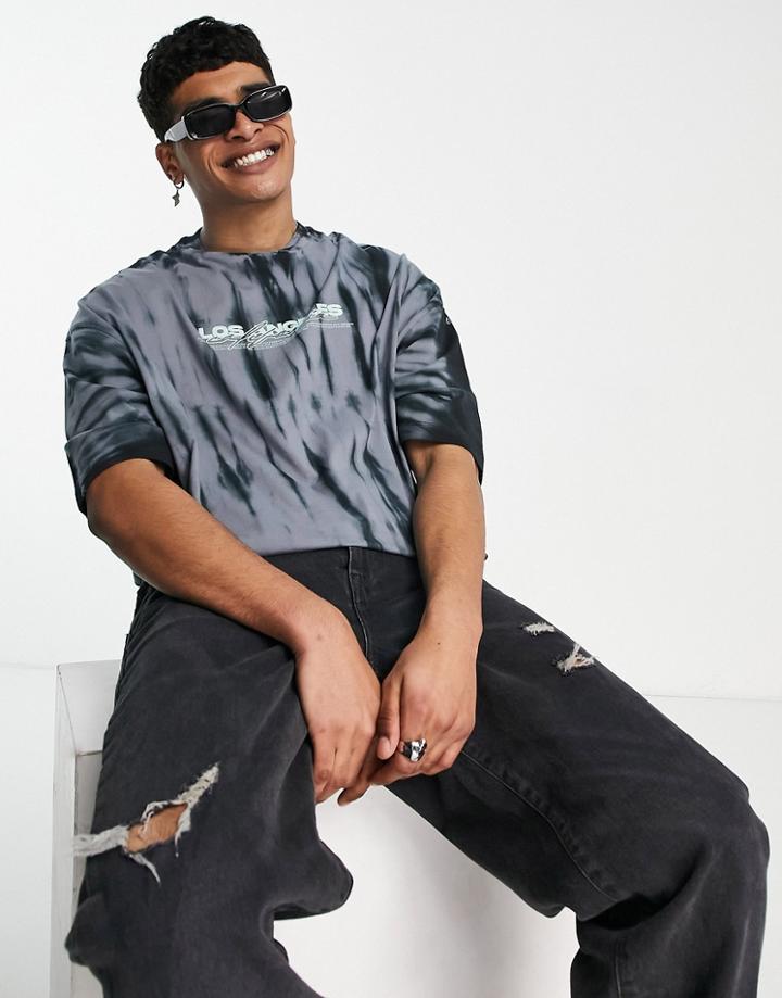 Asos Design Oversized T-shirt In Grungy Tie Dye With La City Print-black