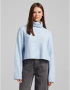 Bershka Roll Neck Cropped Sweater In Blue-blues
