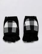 Plush Fleece Lined Plaid Texting Smart Touch Mittens In Black & White - Black