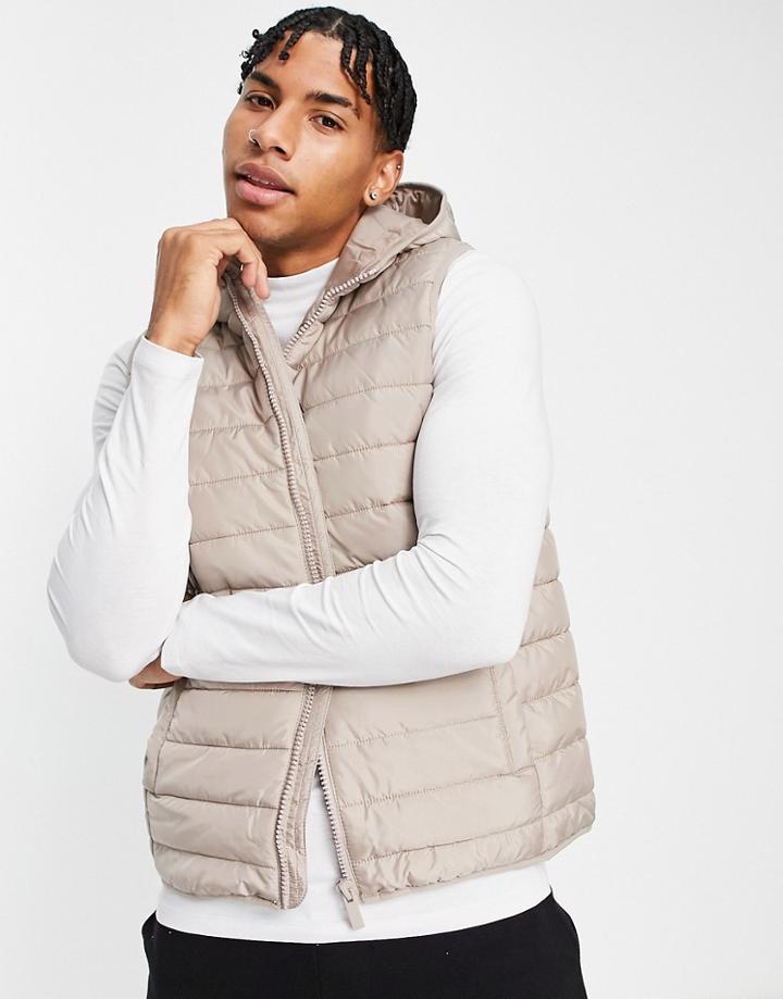 New Look Hooded Puffer Vest In Stone-neutral
