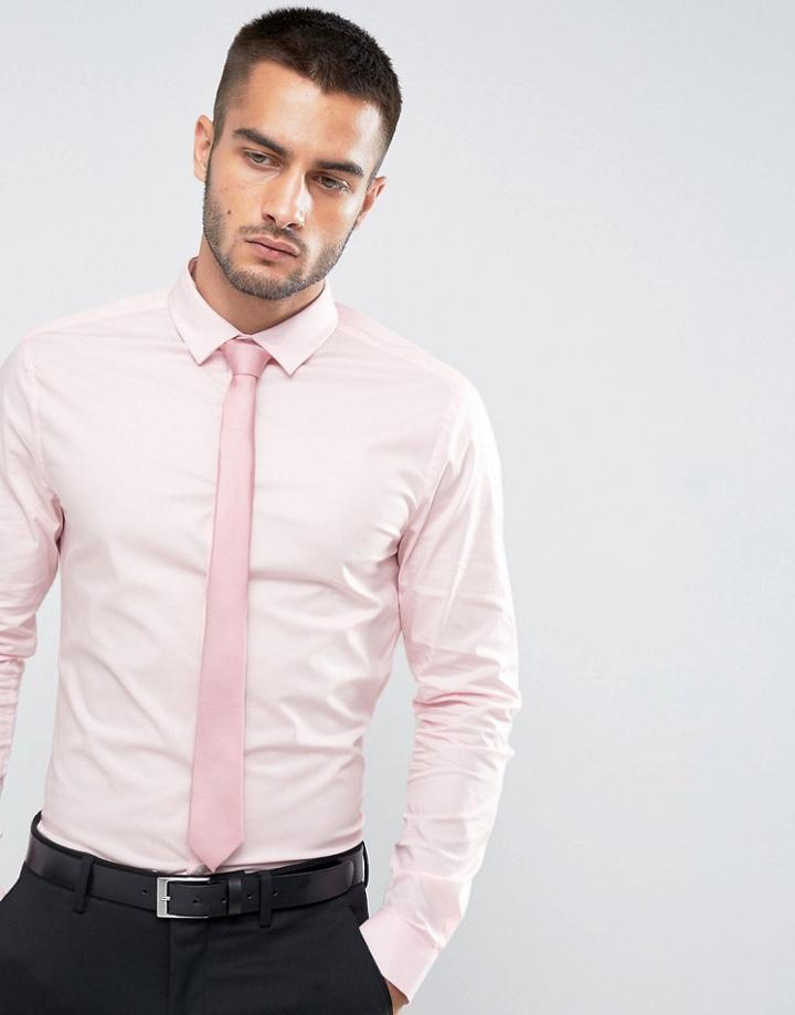 Asos Skinny Shirt In Pink With Pink Textured Tie Save - Pink