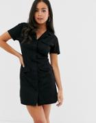 Asos Design Denim Pocket Detail Mini Shirt Dress-black