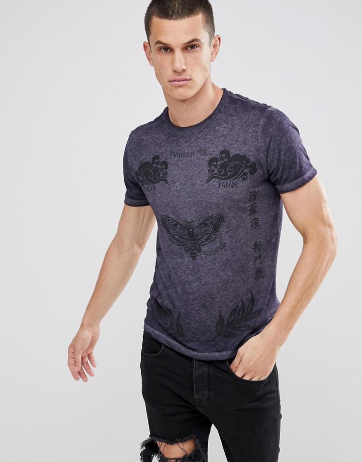 Replay Printed Burnout T-shirt - Blue