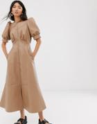 Asos Design Leather Look Puff Sleeve Zip Through Midi Dress - Beige