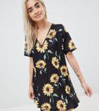 Asos Design Petite Sunflower Print V Neck Swing Dress - Multi