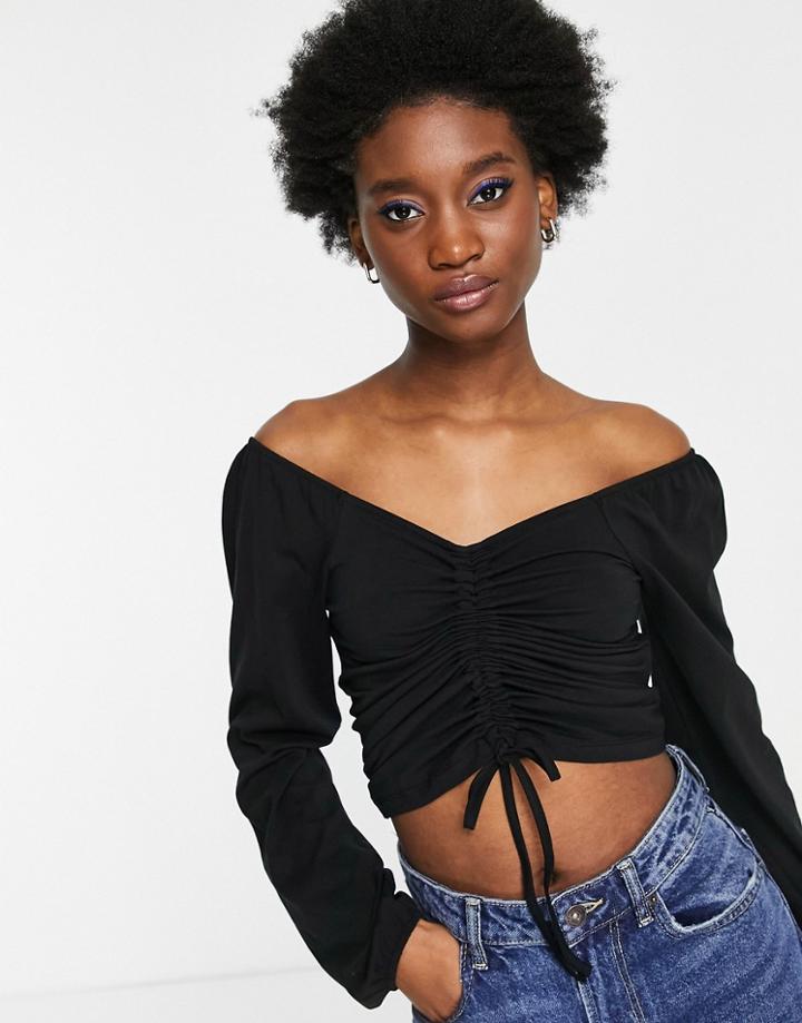 Pieces Fiona Ruched Front Long Sleeve Top In Black