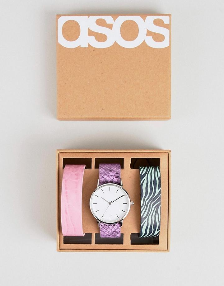 Asos Design Watch With Pack Of 3 Interchangeable Faux Animal Print Straps - Multi